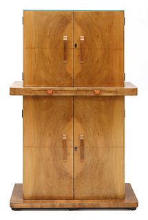 An Art Deco walnut two-part cocktail cabinet,