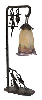 A Muller Frères glass and wrought iron table lamp,