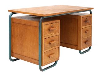 An oak and tubular-framed desk,