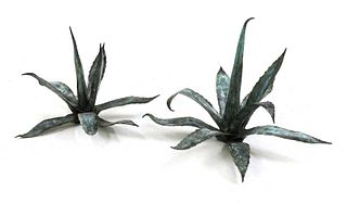 A pair of patinated bronze Agave succulents,