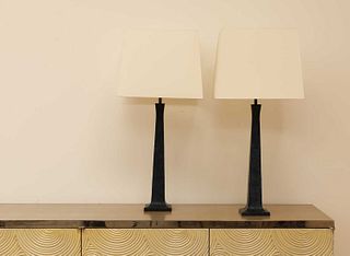 A pair of Maison Charles 'Pyramide' patinated bronze table lamps,