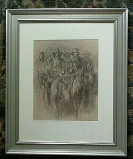 HAROLD BROWN BAKER western charcoal drawing 'Mountain Men', Alva, Parsons