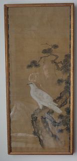 Asian white hawk hakutaka painted scroll on silk 19th c. signed