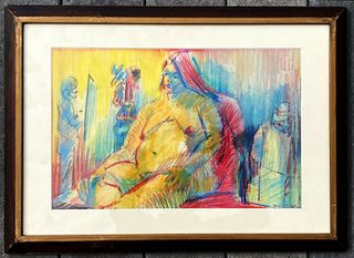 Modernist colored pencil, pastel drawing 'Artist and Model' MCM signed.