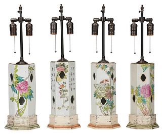 Four Chinese Wig Stand Vases Converted to Lamps