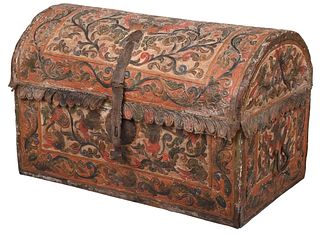 Early Carved, Polychromed, and Leather Clad Dome Top Trunk