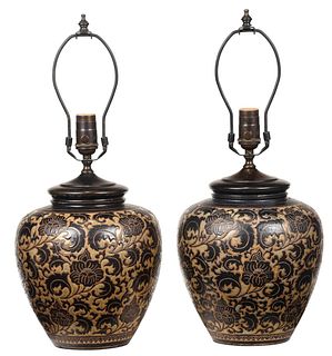 Pair of Asian Pottery Vases Converted to Lamps