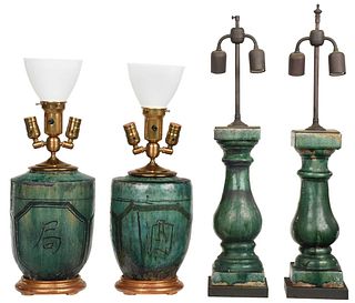 Four Asian Stoneware Vases Mounted as Lamps
