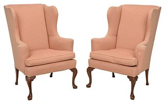 Pair Queen Anne Style Upholstered Easy Chairs