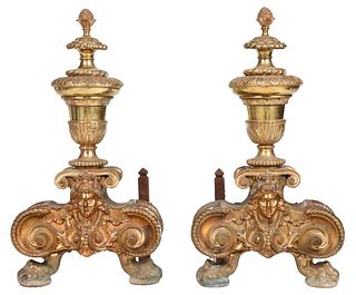 Pair Renaissance Style Gilt Bronze Andirons