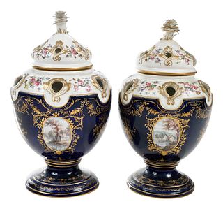 Pair of Sevres Cobalt Porcelain Urns