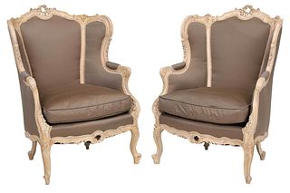 Pair Louis XV Style Carved Painted Bergeres