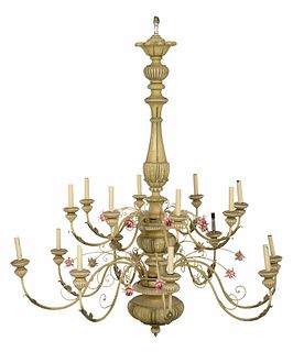 Large Wrought Iron Carved Wood 16 Light Chandelier