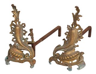 Pair Rococo Style Bronze and Iron Chenets