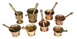 Eight Assorted Brass Mortars and Pestles