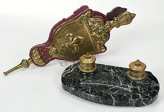 Marble and Gilt Bronze Ink Stand, Fire Bellows