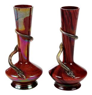 Pair of Glass Vases With Applied Glass Snakes