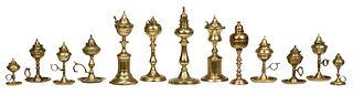 Group of 13 Continental Brass Oil Lamps