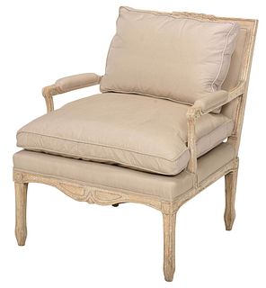 Louis XVI Style Carved Silk Upholstered Open Armchair
