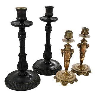 Two Pairs Bronze and Carved Wood Candlesticks