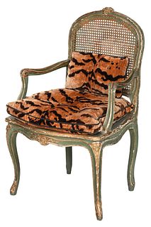 Louis XV Style Carved, Painted, and Caned Open Armchair