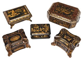 Five Chinese Export Lacquered and Gilt Boxes