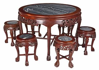 Chinese Carved and Marble Inset Suite, Six Stools