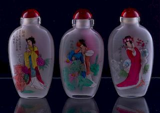 Reverse Painted Chinese Snuff Bottles, Three (3)