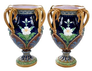 Pair of Minton Majolica 'Shrewsbury' Vases