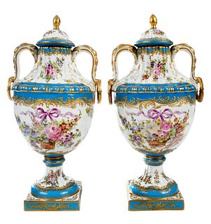 Pair of Sevres Porcelain Lidded Urns