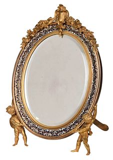 French Ormolu, Brass, and Champleve Table Mirror