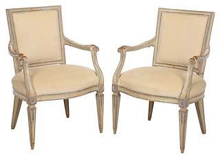 Pair Louis XVI Style Painted and Upholstered Fauteuils