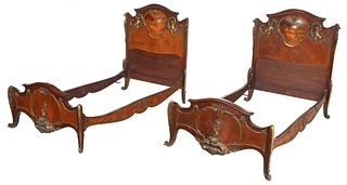 Fine Pair Louis XV Style Bronze Mounted Marquetry Bedsteads