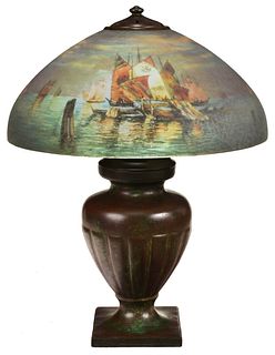 Handel Reverse Painted and Patinated Bronze Lamp