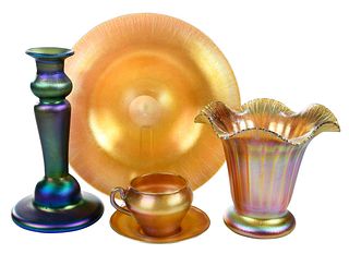 Five Pieces of Quezal and Steuben Art Glass
