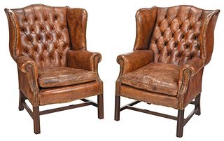 Pair Chippendale Style Leather Upholstered Wing Chairs