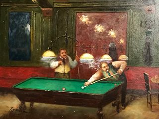 Signed obscured  POOL PLAYERS Pub Scene Painting