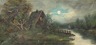 1800s oil on canvas Cabin  by Stream Full Moon framed