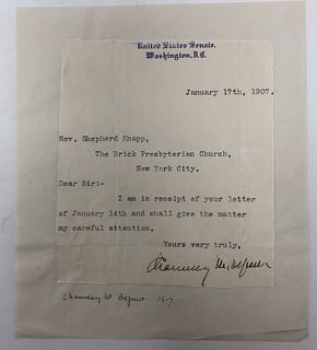 SIGNED letter CHAUNCEY M DEPEW, 1917