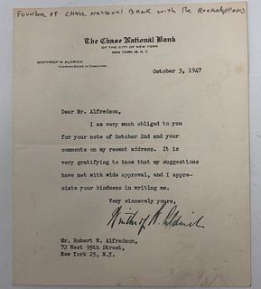 SIGNED letter WINTHROP W ALDRICH, 1947