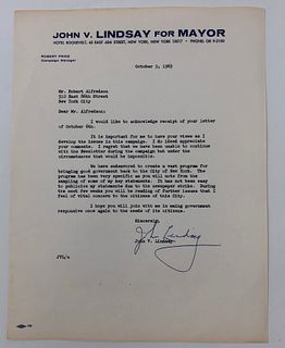 SIGNED letter JOHN V LINDSAY, 1965, LINDSAY FOR MAYOR