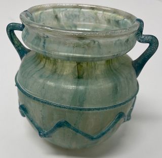 Bottom Marked IM Archaic blue green glass jar w handles