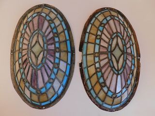 PAIR OLD OVAL LEADED SHADES