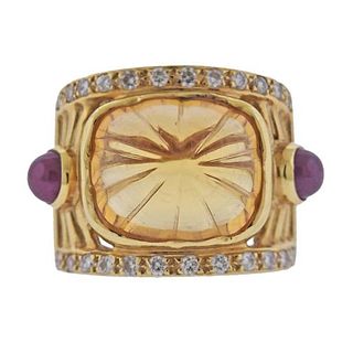 18K Gold Diamond Citrine Ruby Ring