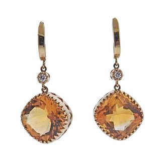 14K Gold Diamond Citrine Drop Earrings
