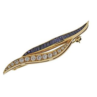 18K Gold Diamond Sapphire Brooch Pin