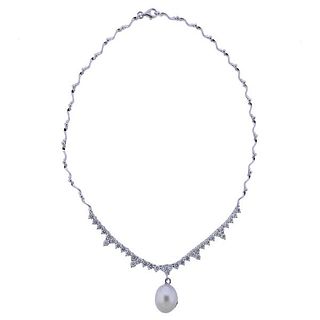 18K Gold Diamond Pearl Pendant Necklace 