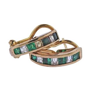 18K Gold Diamond Emerald Half Hoop Earrings