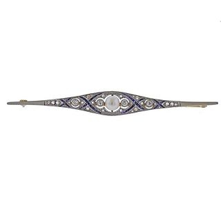 Art Deco Gold Platinum Diamond Sapphire Pearl Brooch Pin