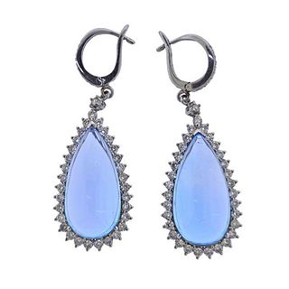 18K Gold Diamond Blue Topaz Drop Earrings
